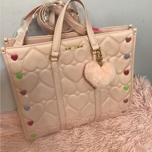 NWT Valentine Gift Betsey Johnson Pink Heart-Quilted Shoulder Bag w/ Puff Charm